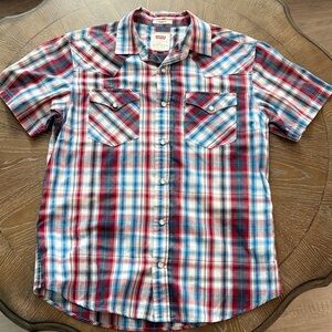Levi's Red, Blue & White Plaid Short Sleeve Pearl Snap Button Down Western Shirt